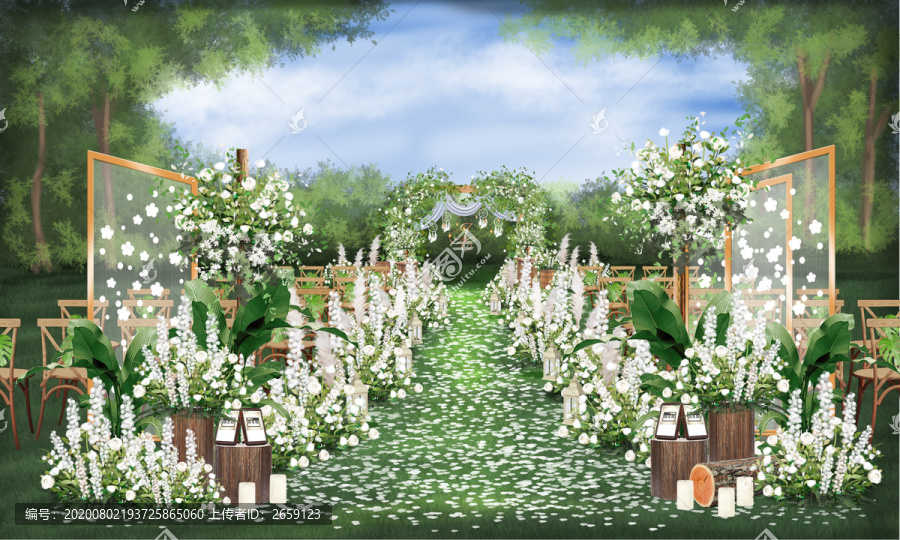 白绿色系户外婚礼手绘效果图