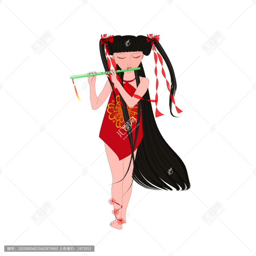 小童吹笛子穿肚兜
