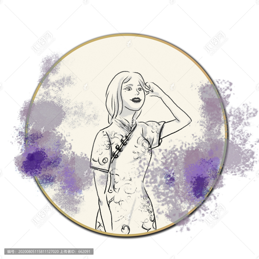 旗袍美女水墨中國風(fēng)線描裝飾畫