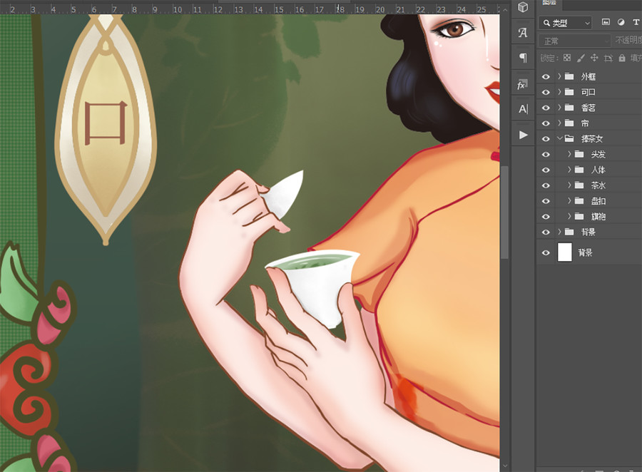 仿月份牌插畫喝茶的旗袍女子