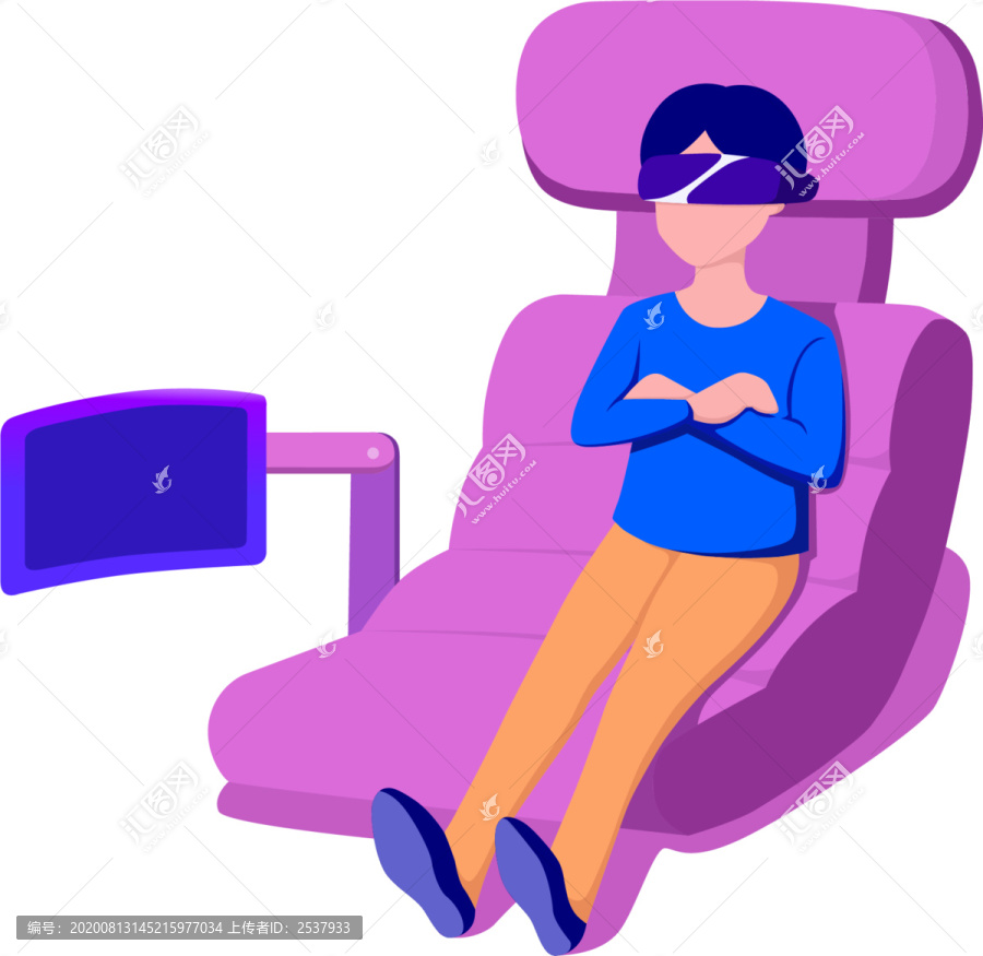 扁平科技坐躺椅的VR眼镜男孩