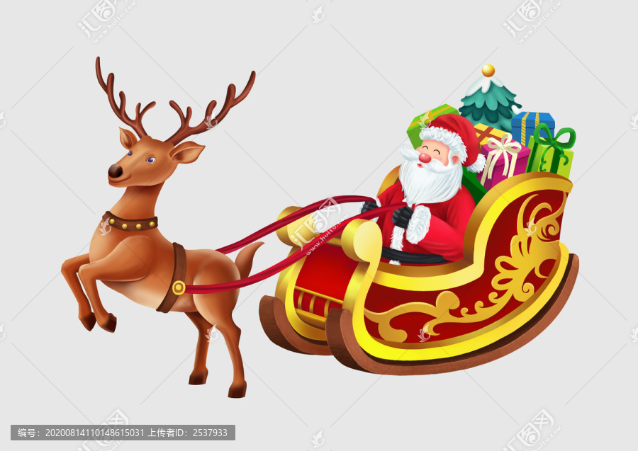 卡通圣诞鹿车载着礼物和圣诞老人