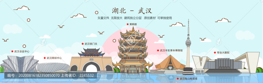 武漢天際線矢量插畫(huà)地標(biāo)建筑