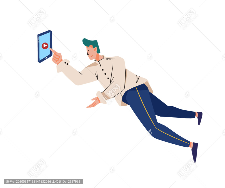 手繪人物扁平點(diǎn)手機(jī)的男士插畫