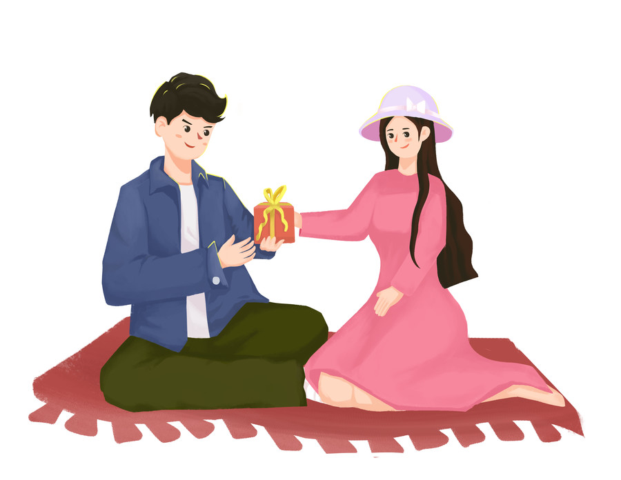 卡通情人節(jié)情侶坐地毯送禮物插畫(huà)