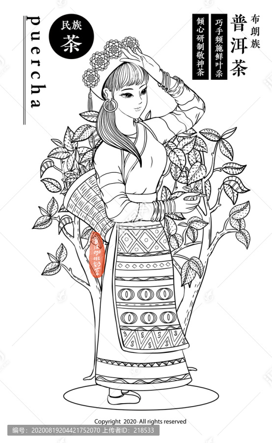 云南少數(shù)民族布朗族普洱茶插畫