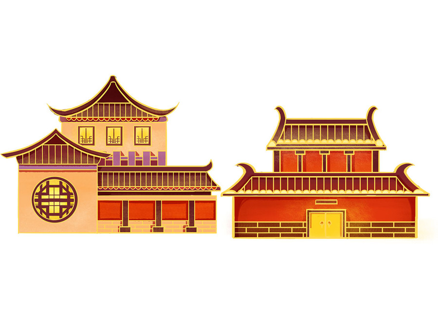 原創(chuàng)手繪中國風(fēng)古建筑房屋插畫