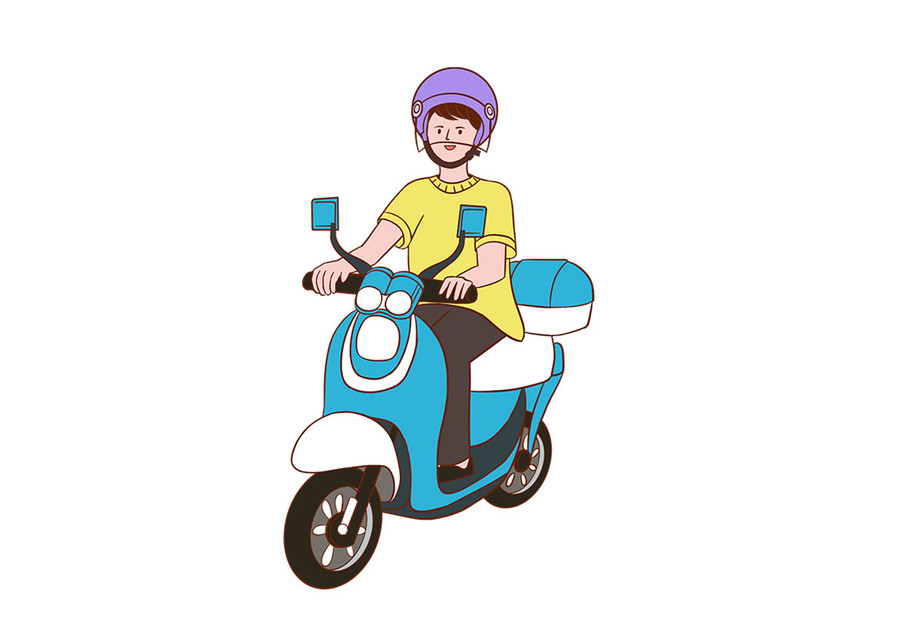 原創(chuàng)手繪人物騎摩托車戴頭盔插畫