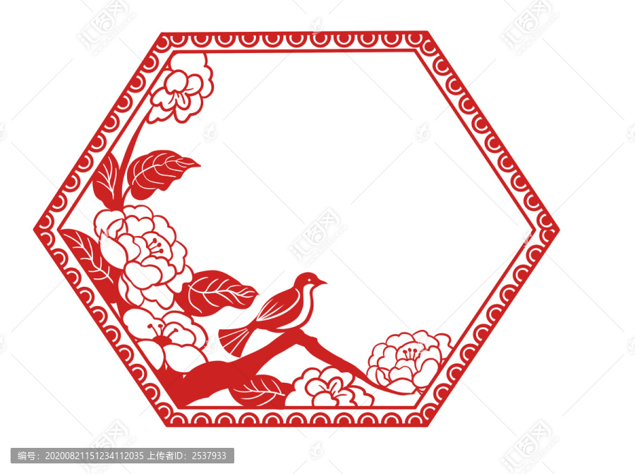 紅色剪紙風(fēng)六邊形花鳥圖案設(shè)計(jì)