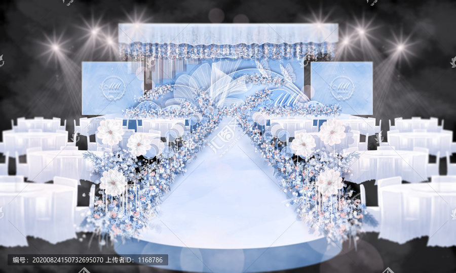 蓝色手绘婚礼舞台效果图