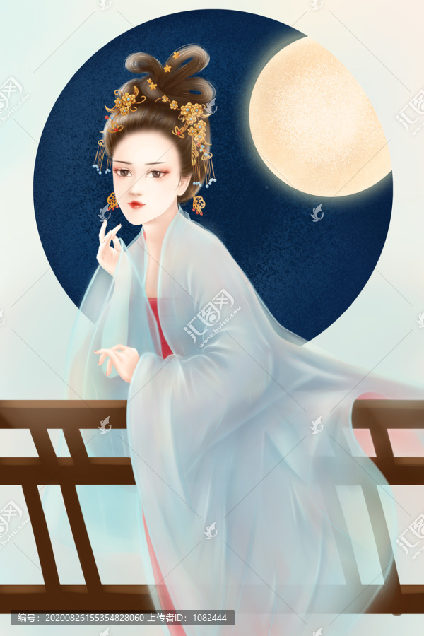 古风中秋插画古风美人月亮框画