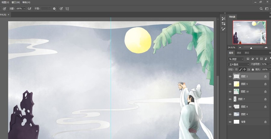 月圓中秋插畫古代庭院夜景月亮