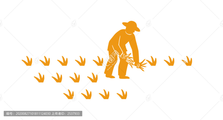 黃色剪紙風(fēng)在水田里插秧的農(nóng)民
