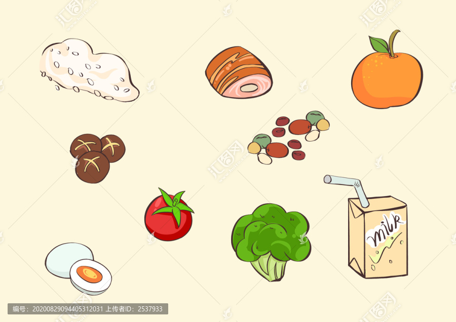 手繪扁平勾線豐富的食物品類插畫