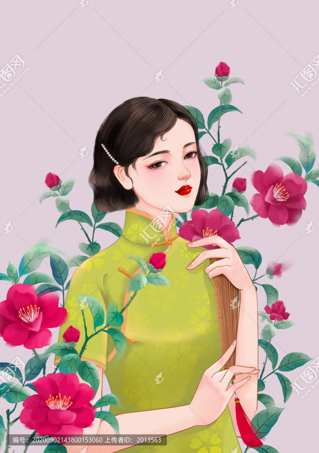 山茶花與旗袍美人插畫