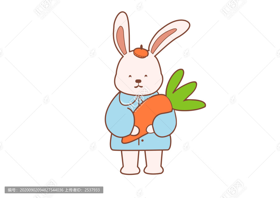 手绘动物卡通抱着胡萝卜的兔子