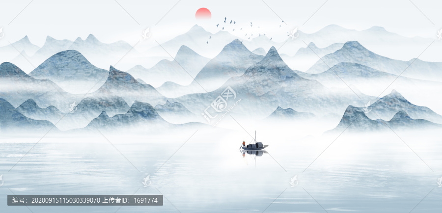 藍(lán)色水墨山水畫