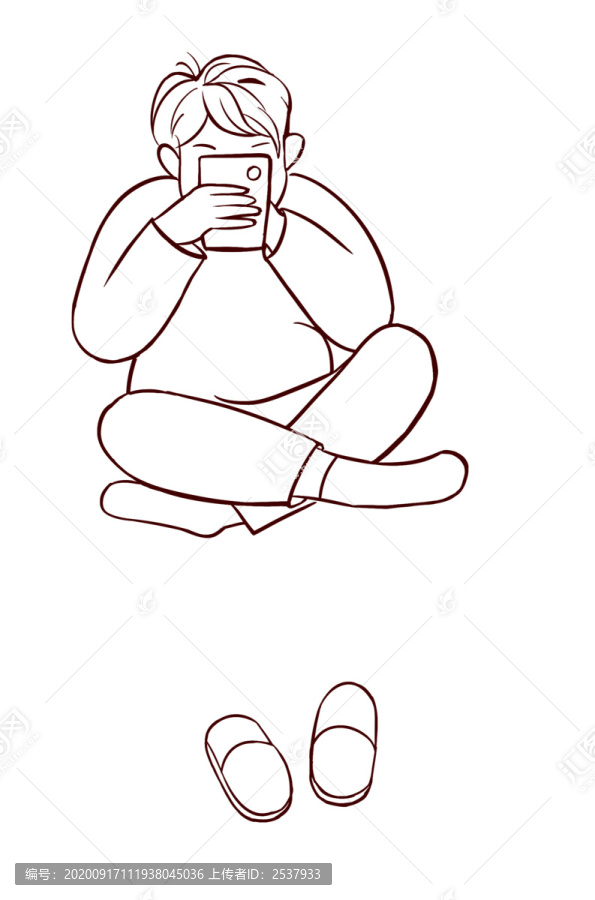 卡通简笔画盘腿坐着玩手机的男生