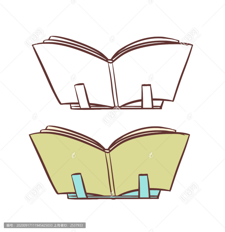 手繪卡通放在書立上攤開的課本