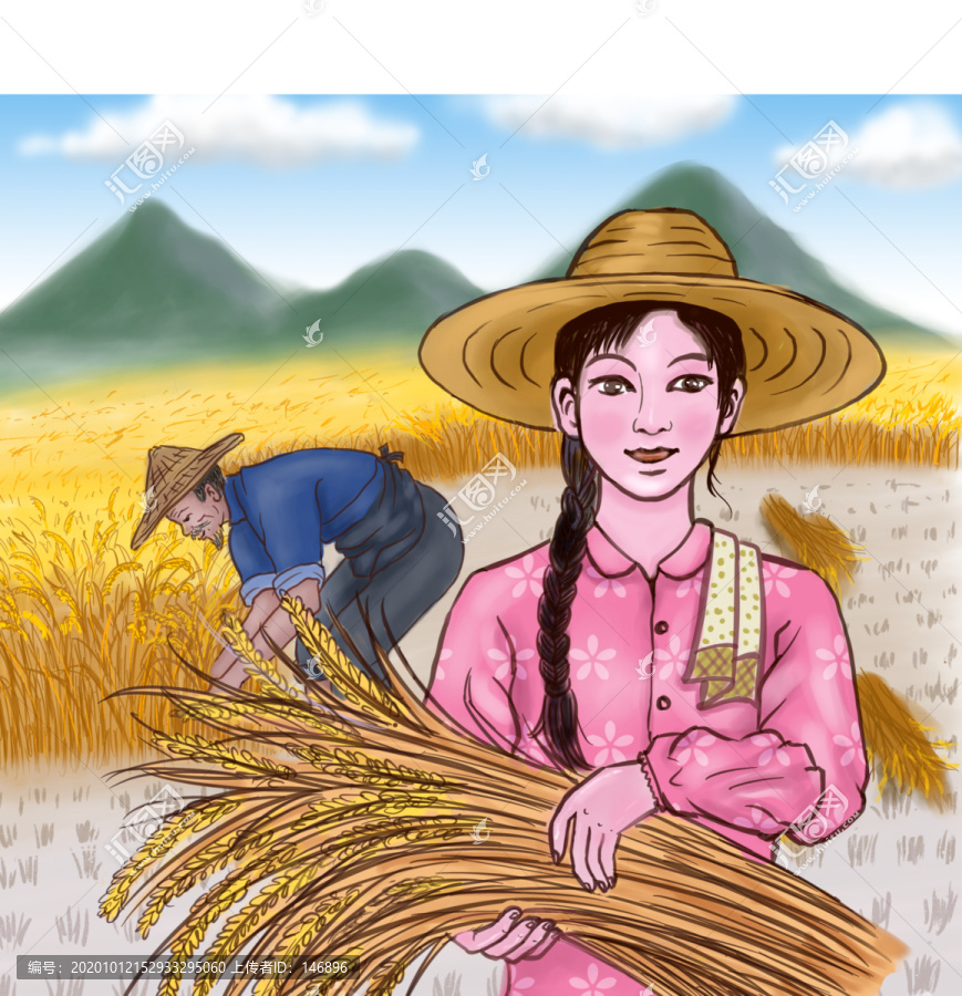 抱稻谷的少女