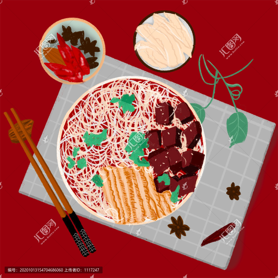 麻辣爆肚小面插畫