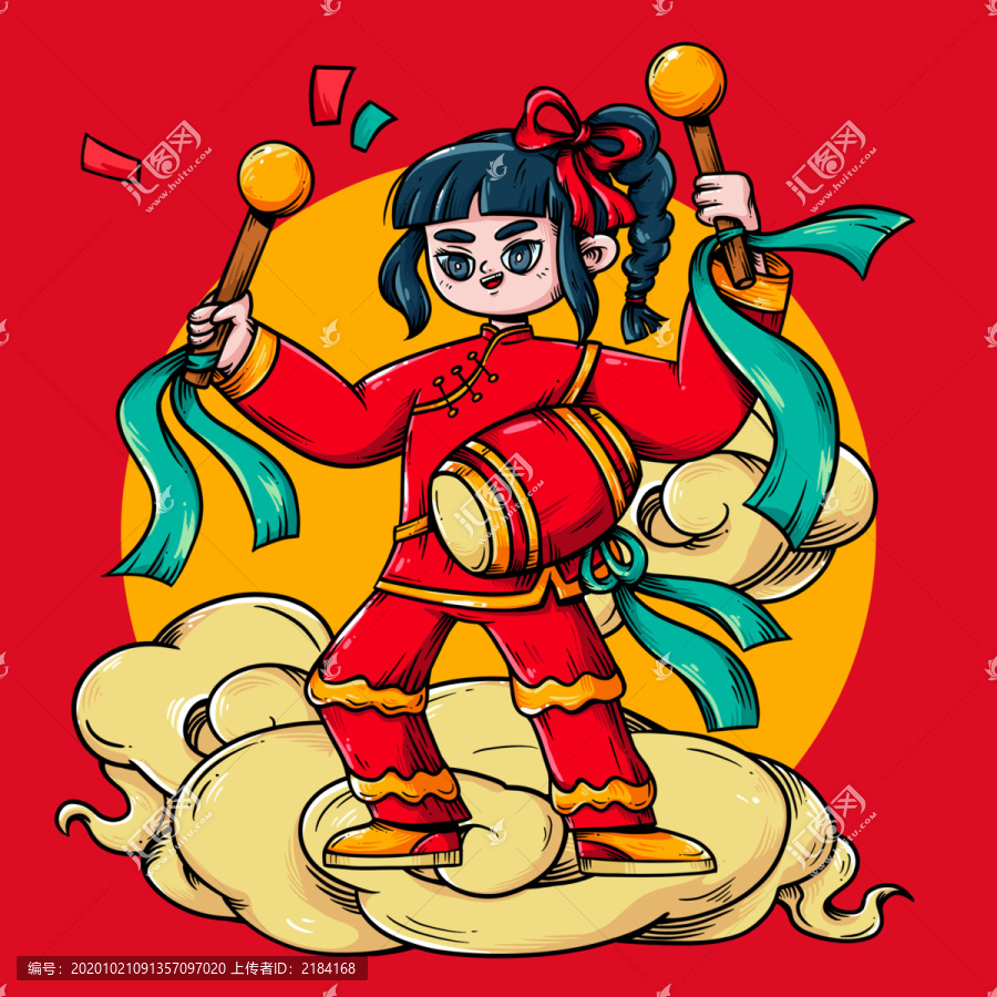 2021牛年國(guó)潮插畫(huà)打腰鼓