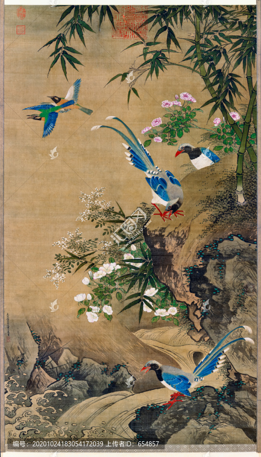 蕭瀜竹禽月季圖