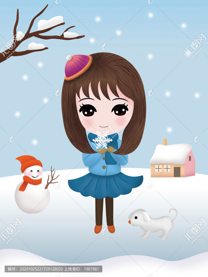 手捧雪花的小女孩