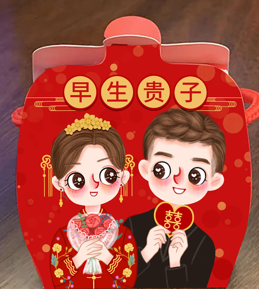卡通新娘新郎婚慶糖果禮盒請柬