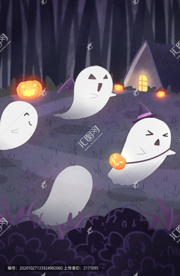 卡通萬(wàn)圣節(jié)南瓜幽靈森林玩耍插畫