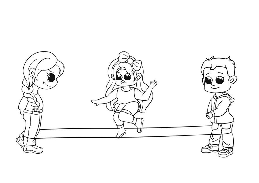 卡通三个小朋友跳绳的场景简笔画