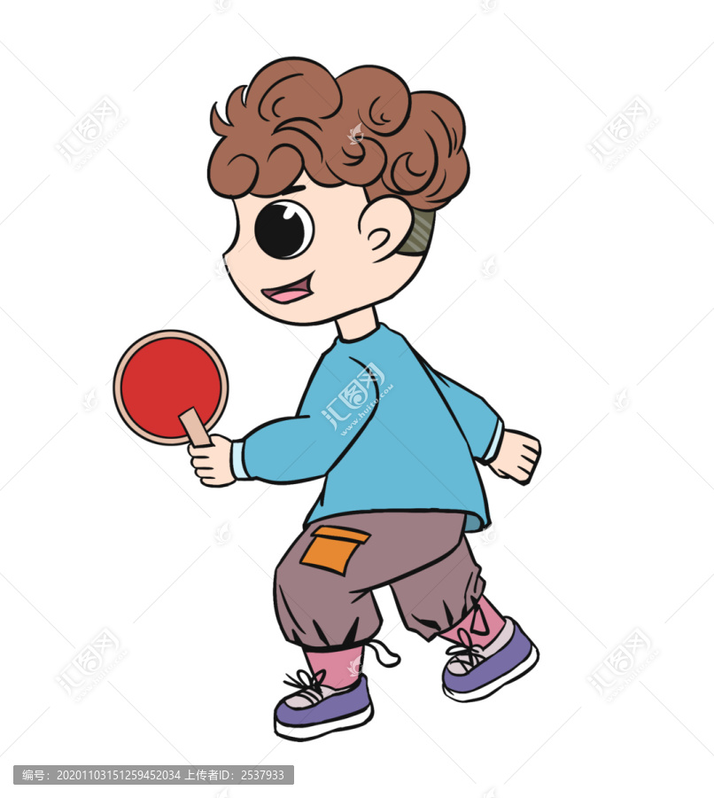 藍(lán)色卡通打乒乓球的男孩插畫