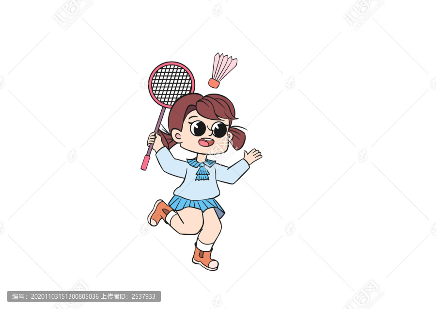 藍(lán)色卡通打羽毛球的小女孩插畫