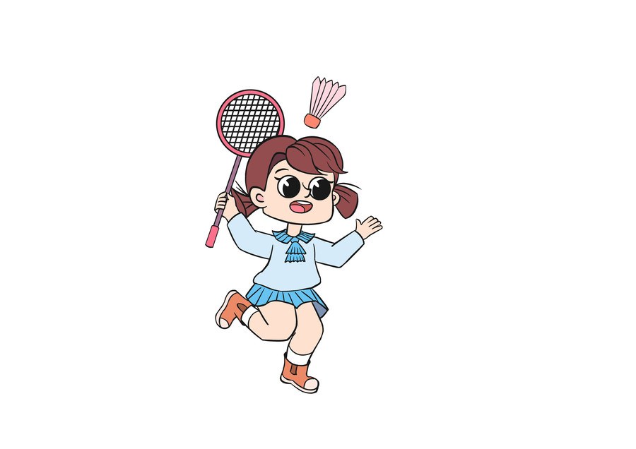 藍(lán)色卡通打羽毛球的小女孩插畫