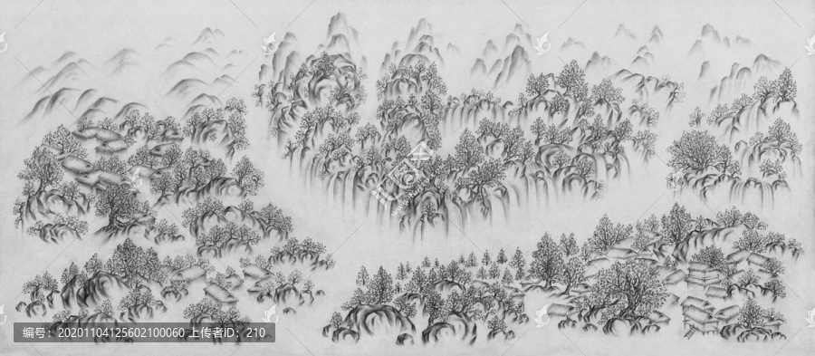 素描水墨山水古村落