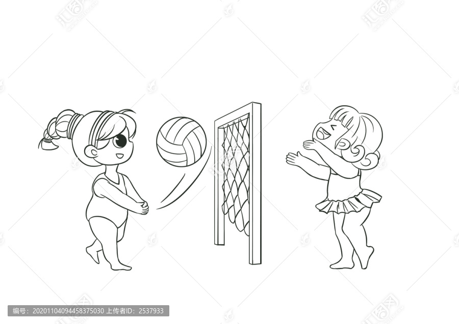卡通女孩雙人沙灘排球簡筆畫