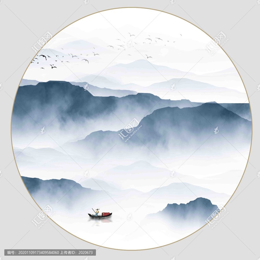 圓形水墨山水掛畫