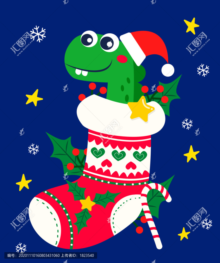 坐在圣诞袜的卡通矢量圣诞小恐龙