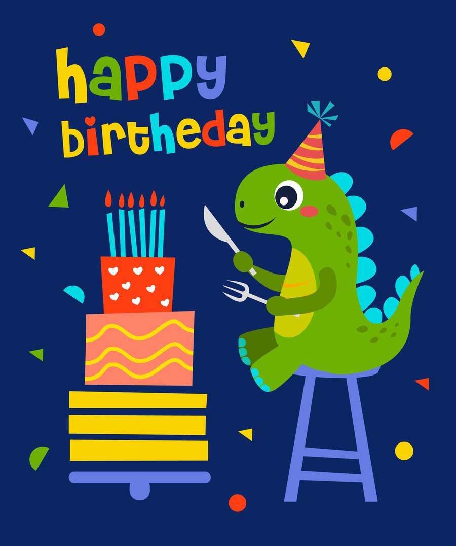 可愛的卡通矢量小恐龍和生日蛋糕