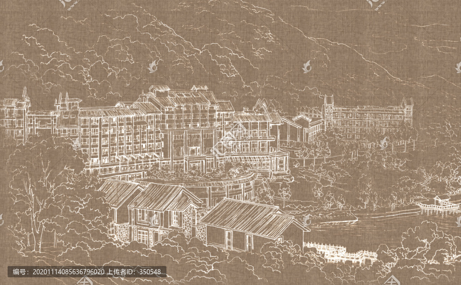 山庄酒店手绘背景图