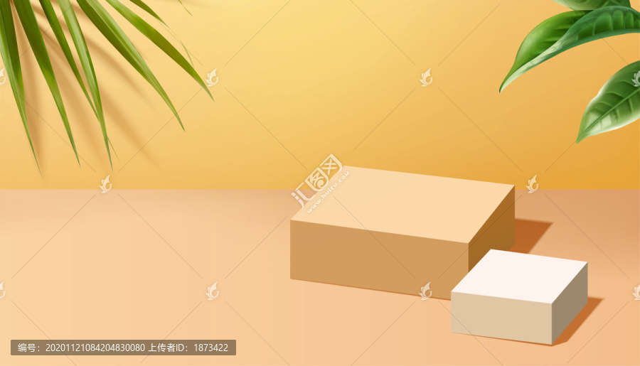 咖啡色及白色展示臺(tái)黃色背景三維圖