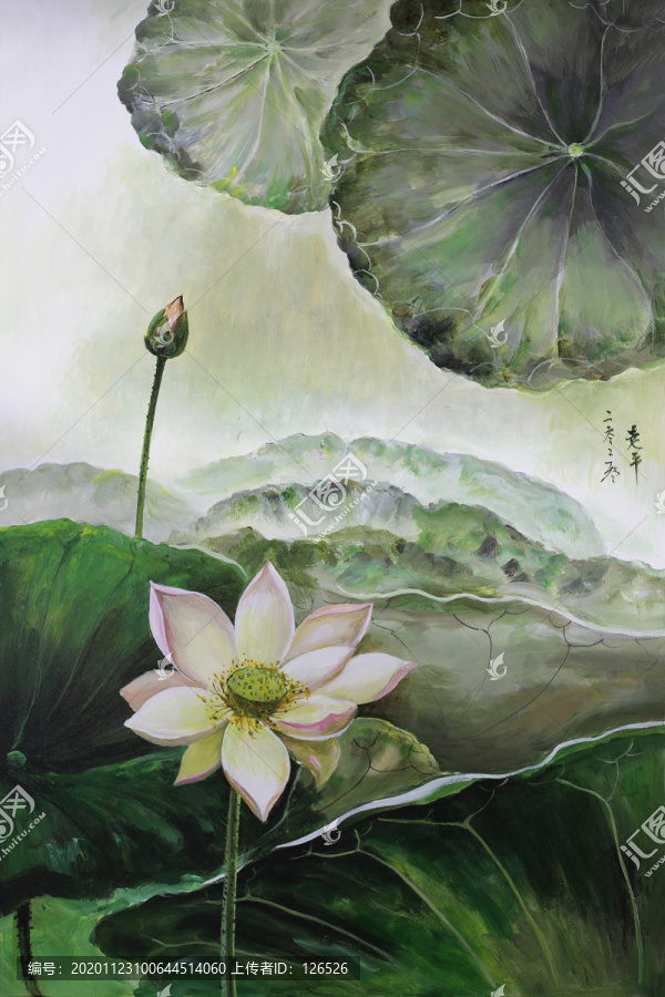 手繪荷花高清油畫圖