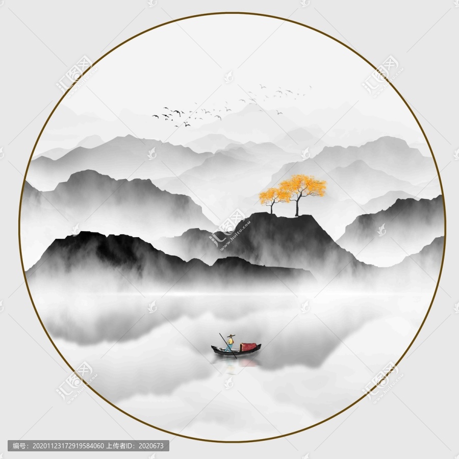 新中式圓形山水裝飾畫