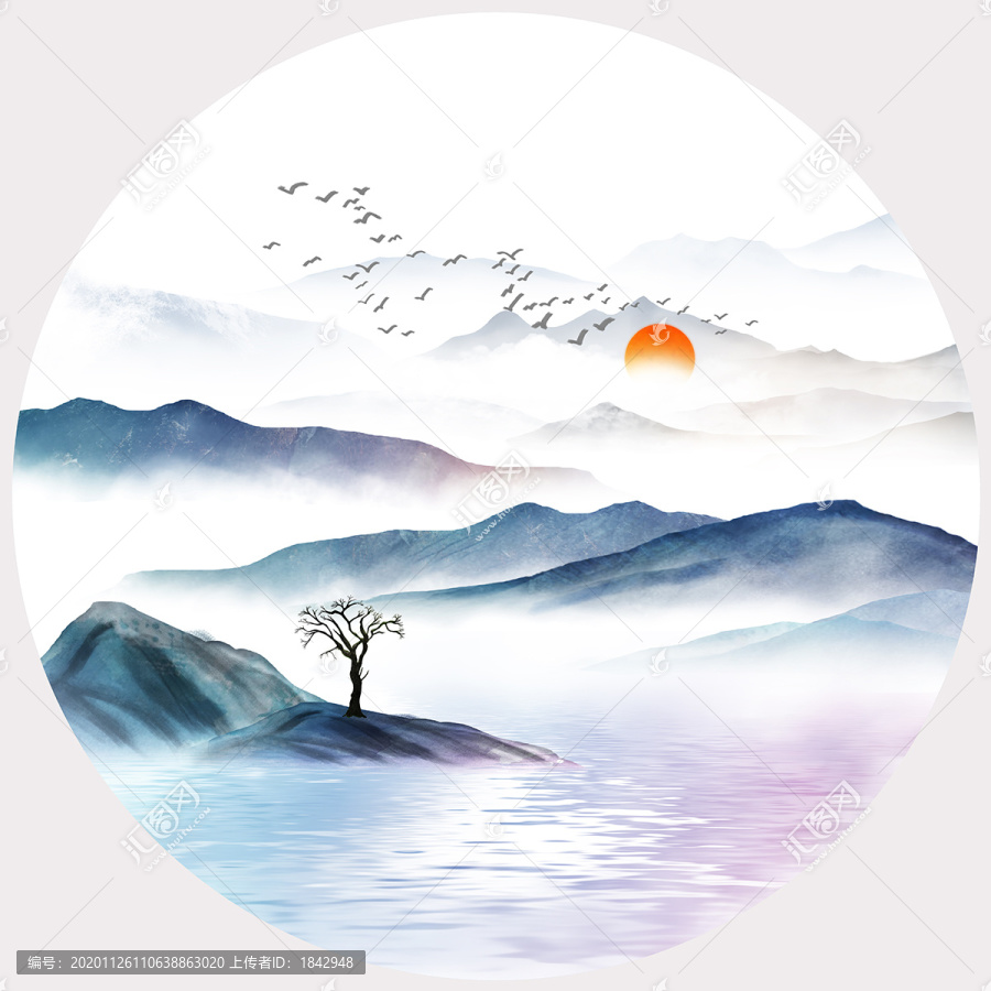 新中式圓框水墨山水輕奢裝飾畫