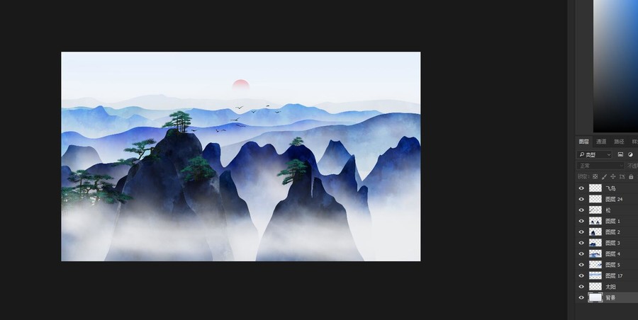 现代中式意境高山云海背景墙壁画