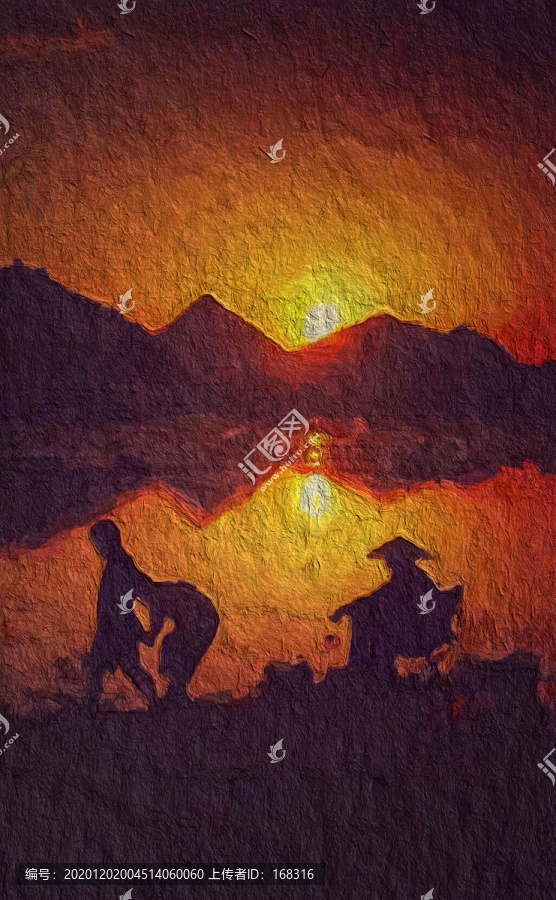 玄關(guān)夕陽人物剪影漁夫裝飾畫
