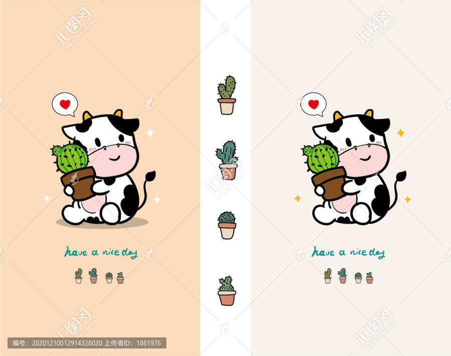 原創(chuàng)手繪小奶牛卡通仙人掌可愛