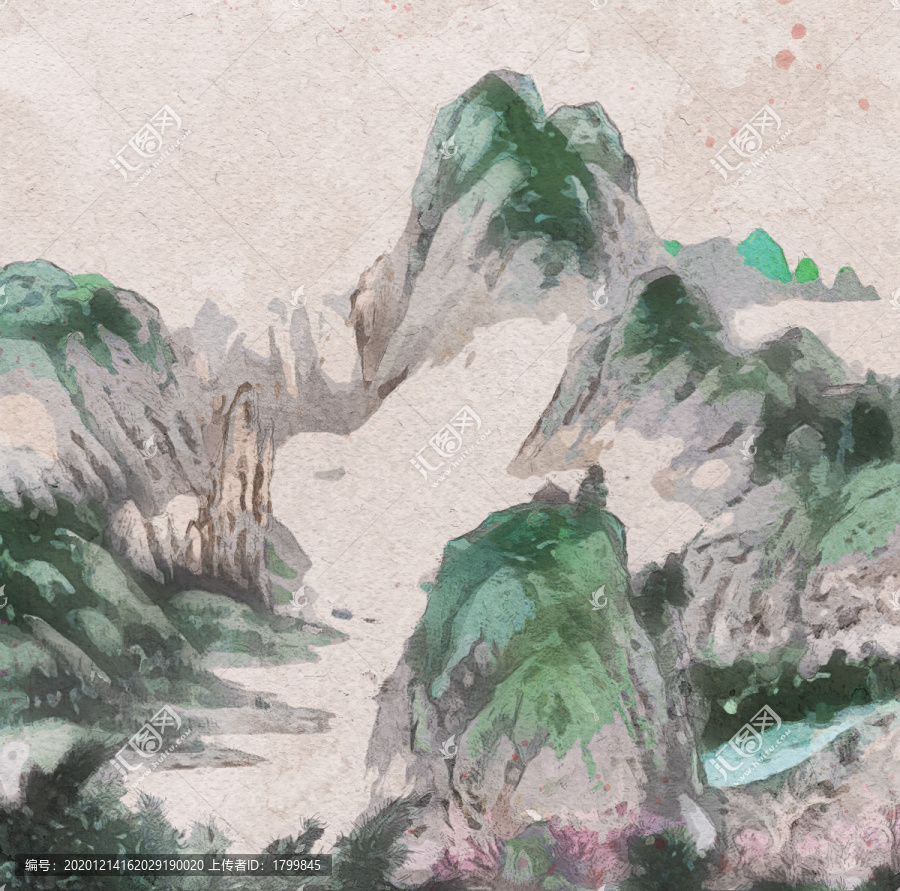 國(guó)潮插畫(huà)手繪彩繪山水風(fēng)景圖