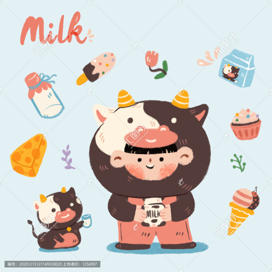 卡通生肖喝奶小牛文創(chuàng)用品貼紙
