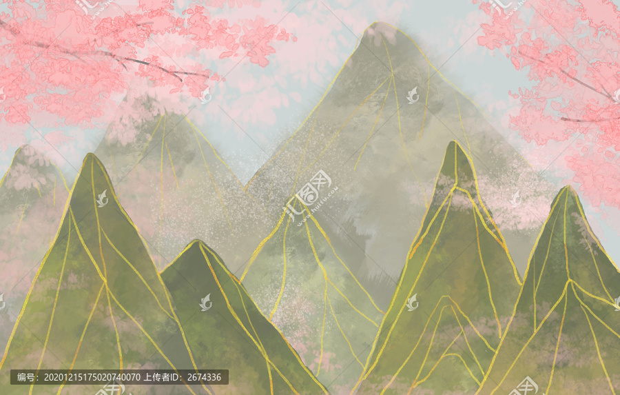 古風山水言情水彩裝飾畫背景圖